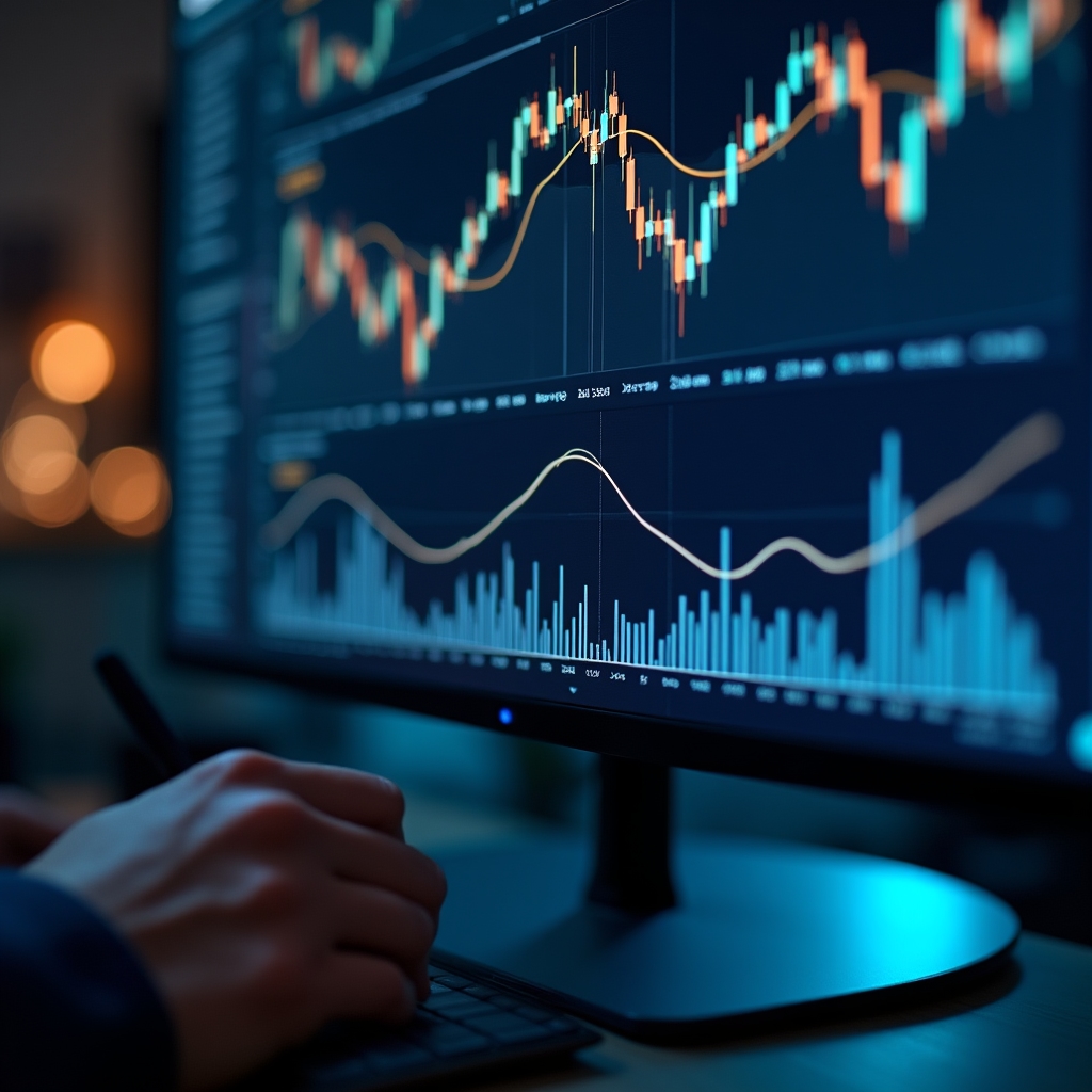 Close-up of financial charts and data analysis on screen