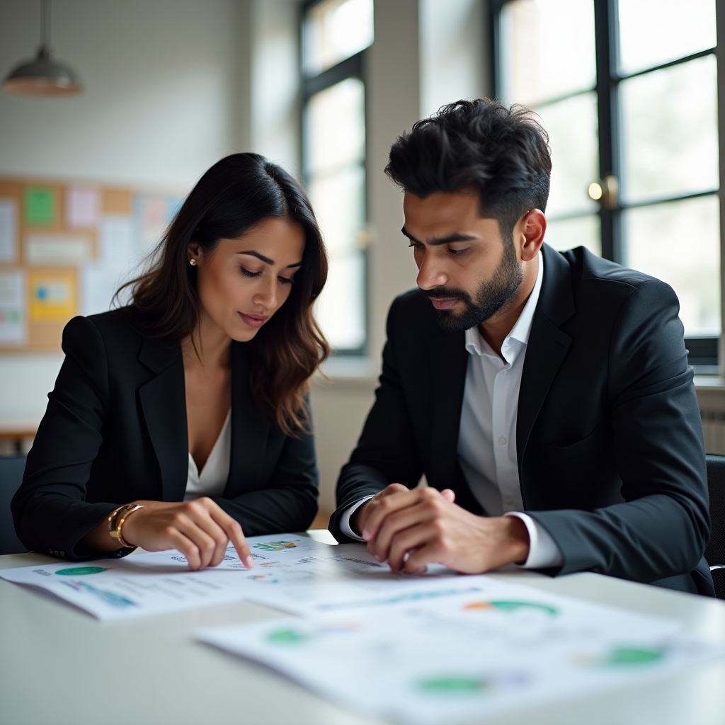 Two professionals reviewing financial education materials together at a modern workspace