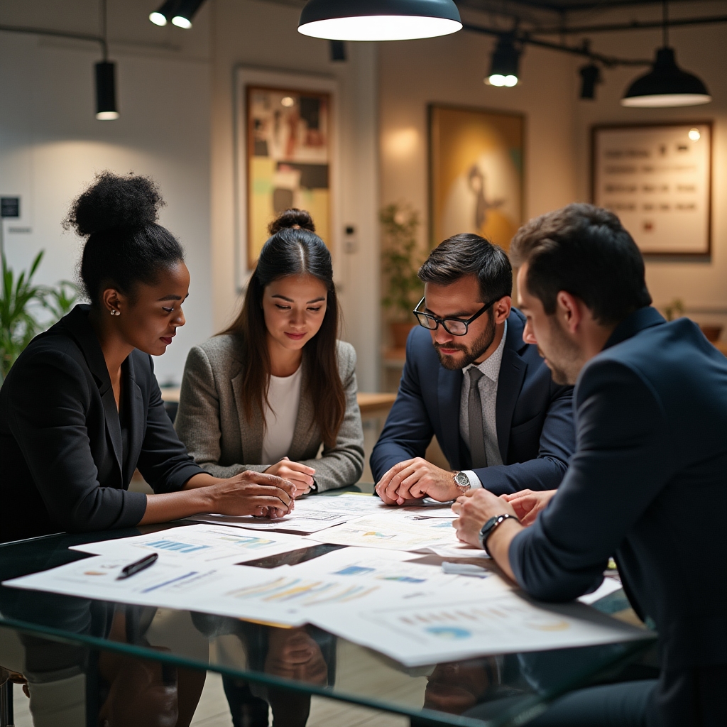 Diverse team collaborating on financial content research at a modern studio workspace