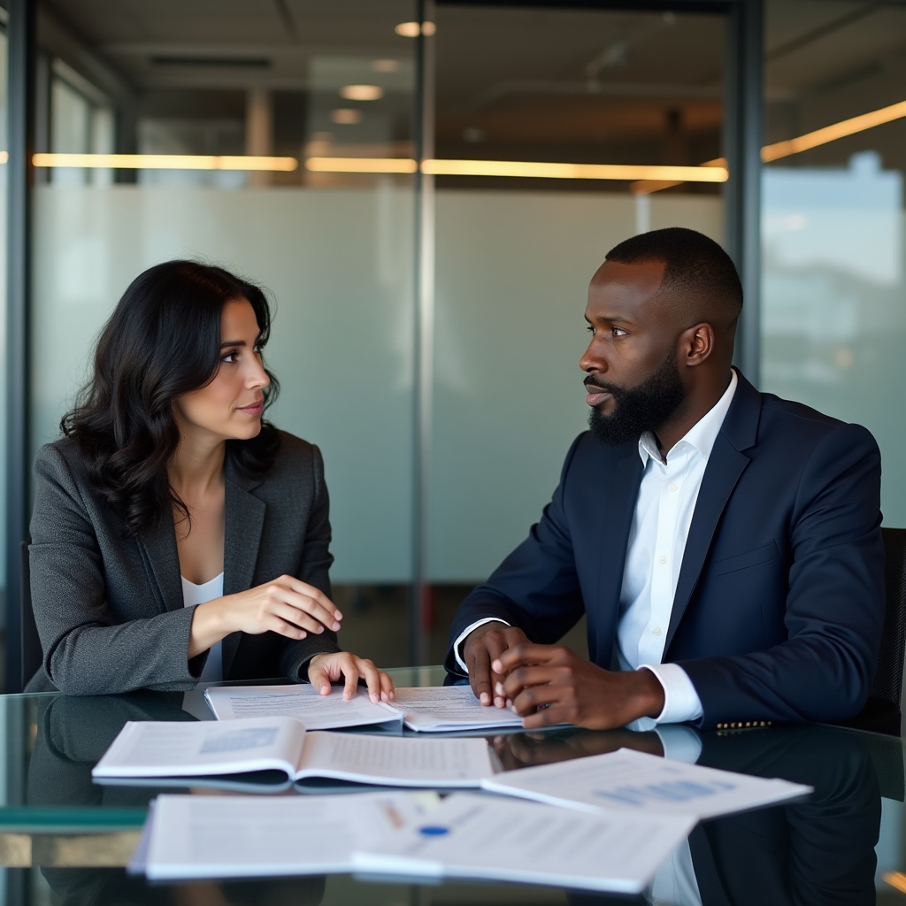 Professional team reviewing financial content strategy documents in a collaborative workspace